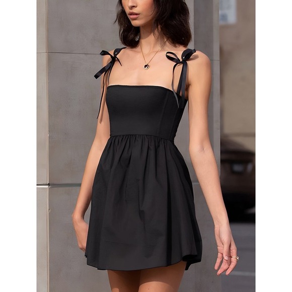 Commense Black Mini‎ Dress Shirred Knotted Cami Straps Summer Party - Picture 1 of 9